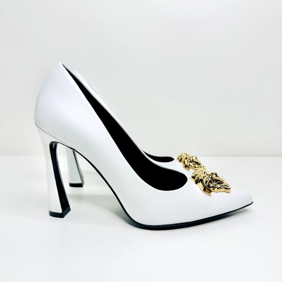 Versace Vitello IT 38/ US 8 Pumps White Leather Medusa Gold Heeled NIB $1050 - Picture 6 of 12
